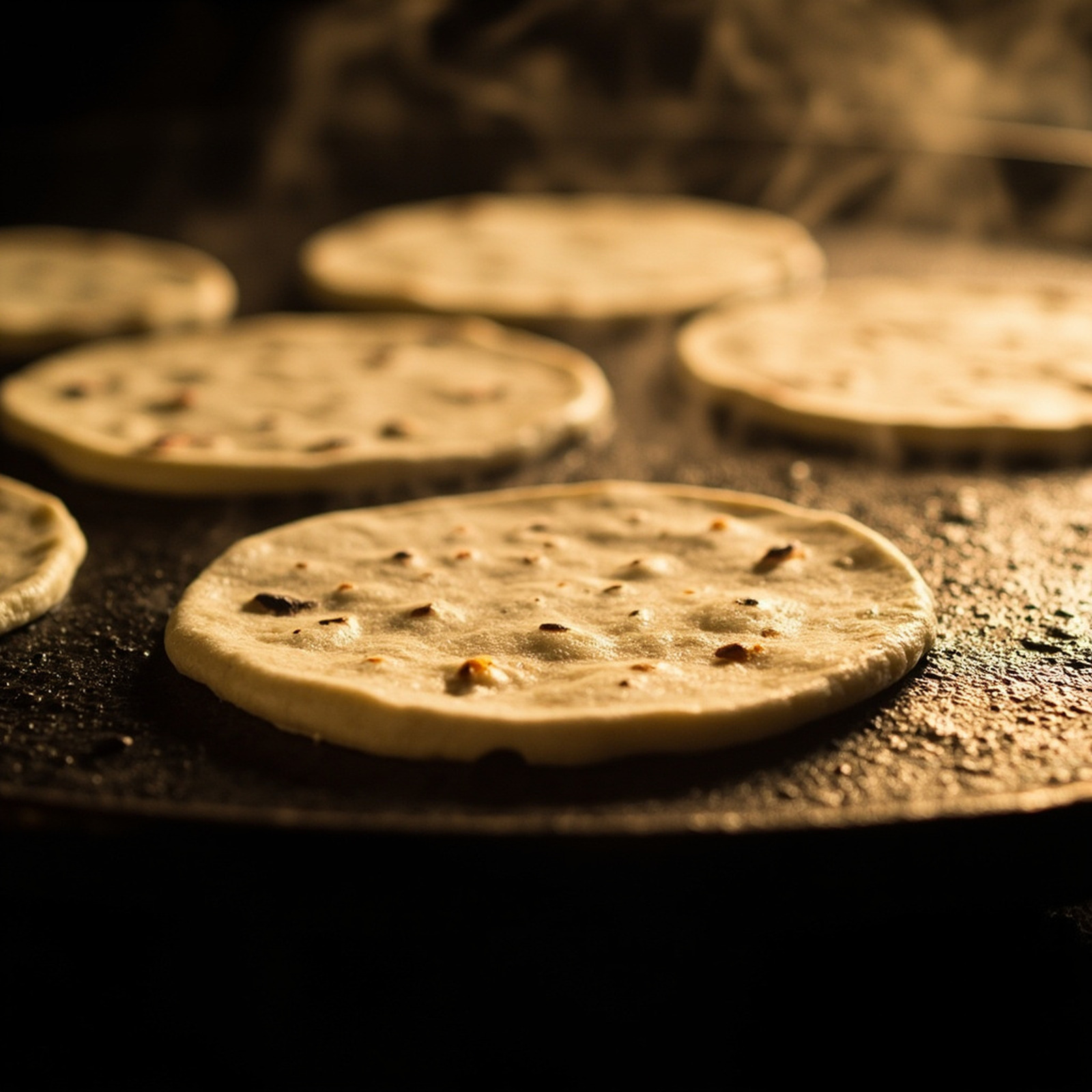 A comal with fresh tortillas, warm overhead light.