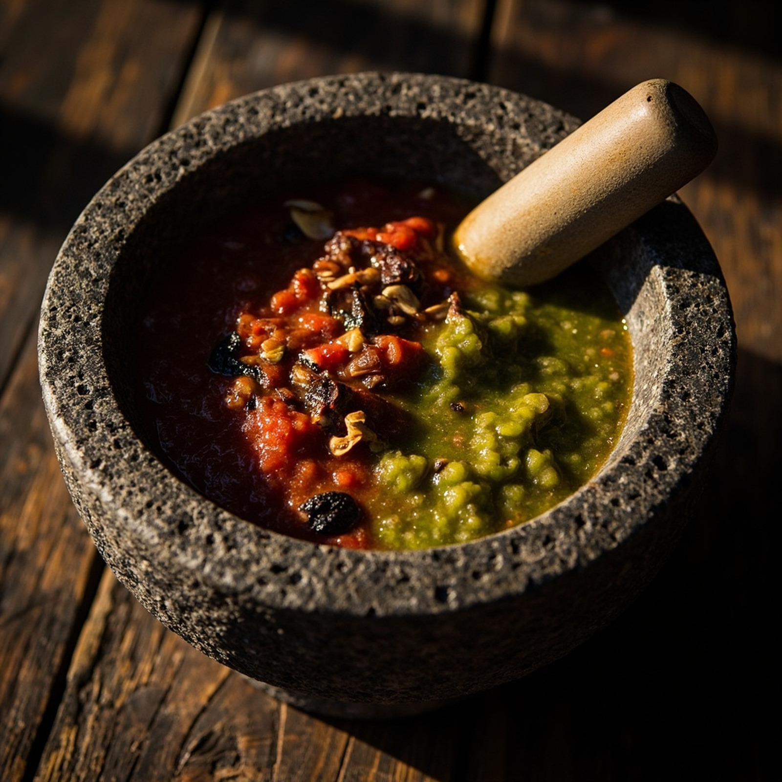 Overhead view of a molcajete with fresh salsa.