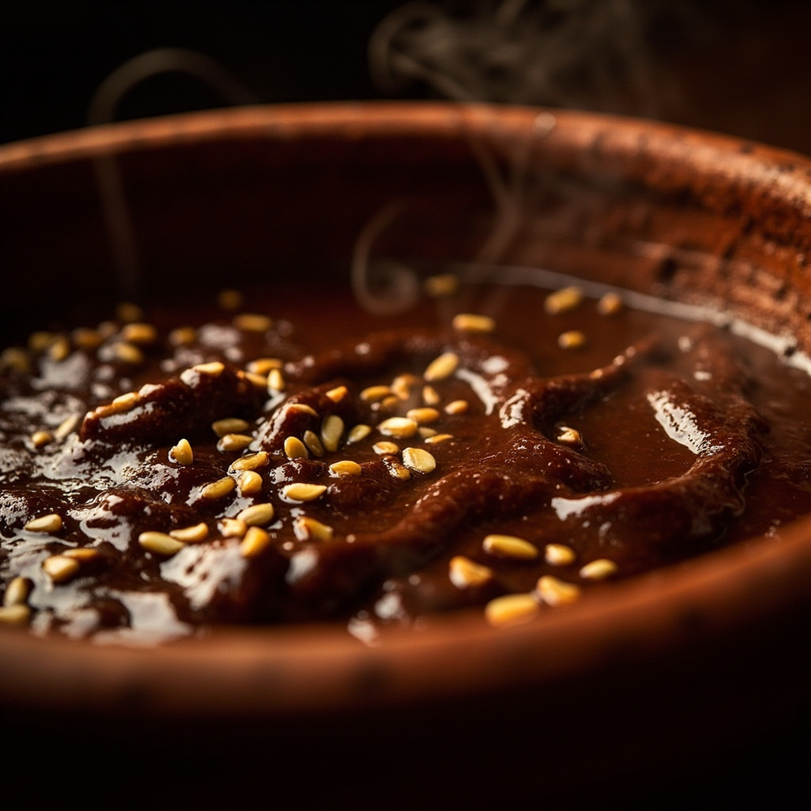 A dark cazuela on a cinder-dark table, tungsten light, toasted bread beside.
